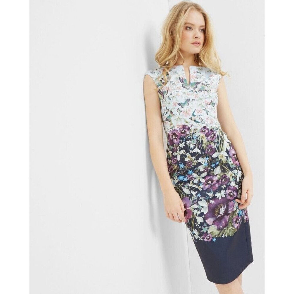Floral Print Cap Sleeve Sheath Dress in Navy and Purple